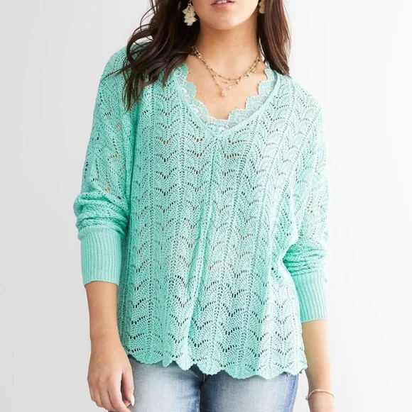 Daytrip Mint Lace V-Neck Crochet Sweater Oversized Medium - Picture 11 of 11